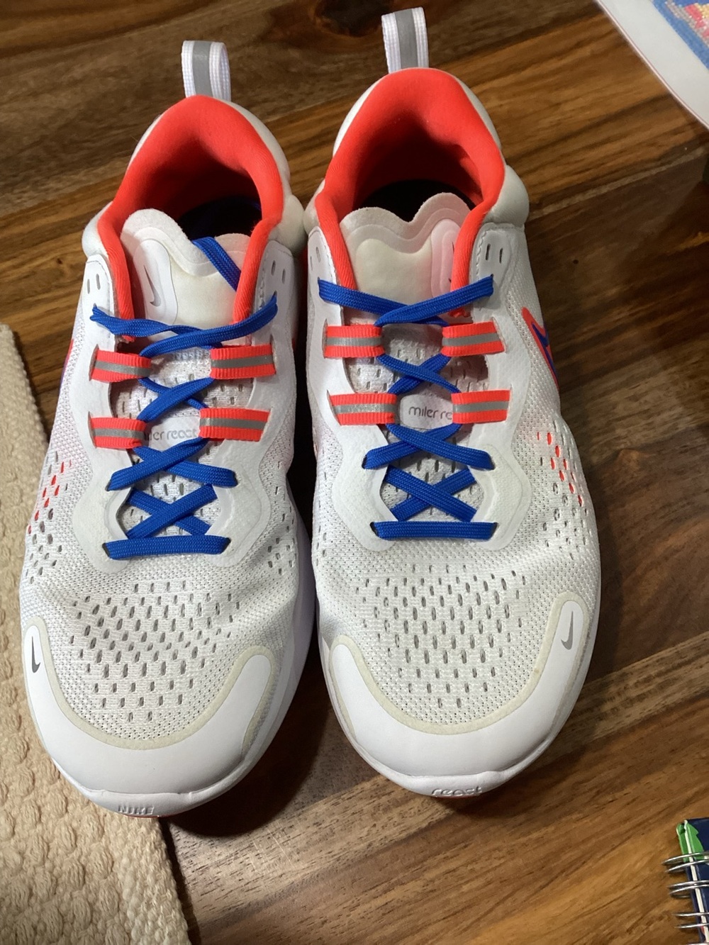 Nike White Sneakers with Blue Laces & Coral Accents